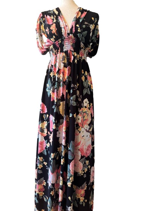 Emerald Dresses & Skirts - Emerald Black Maxi Dress with Pink, Coral & Green Floral Print Maternity